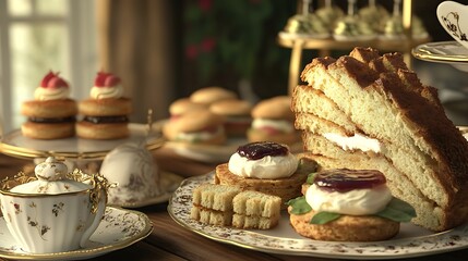 Beautiful cake with nuts and raisins, chocolate cookies, and a festive meal with various dishes served at a celebration or banquet