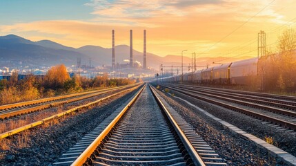 Fototapeta premium Distant Railway View in Bright Afternoon Light