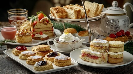 Beautiful cake with nuts and raisins, chocolate cookies, and a festive meal with various dishes served at a celebration or banquet