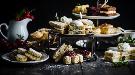 Beautiful cake with nuts and raisins, chocolate cookies, and a festive meal with various dishes served at a celebration or banquet