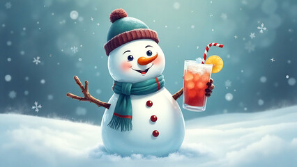 Fototapeta premium Cute snowman with ice tea in a snowy landscape