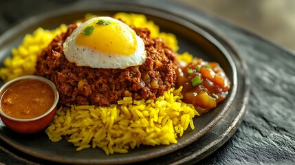 A delicious plate of rice with chicken, pork, vegetables, and a spicy sauce, perfect for a gourmet lunch or dinner