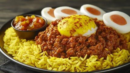 A delicious plate of rice with chicken, pork, vegetables, and a spicy sauce, perfect for a gourmet lunch or dinner