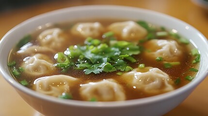 A bowl of delicious chicken noodle soup with vegetables and rice, served hot with meatballs, fresh parsley, and a garnish of carrots, perfect for a healthy lunch or dinner