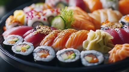Salmon sushi with wasabi and fresh vegetables on a plate