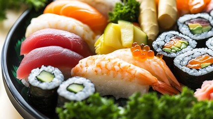 Salmon sushi with wasabi and fresh vegetables on a plate
