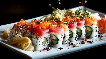 Salmon sushi with wasabi and fresh vegetables on a plate