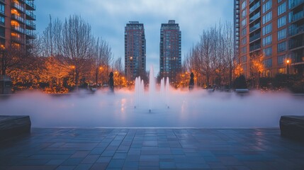 Obraz premium Foggy Downtown Plaza at Morning Light