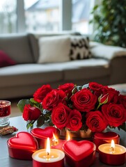 Valentine's day setup with beautiful red roses and red candles