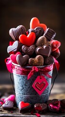 A box of heart-shaped chocolates with a red ribbon, perfect for a sweet gift or celebration
