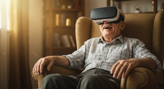 Senior man enjoying virtual reality at home in comfy armchair