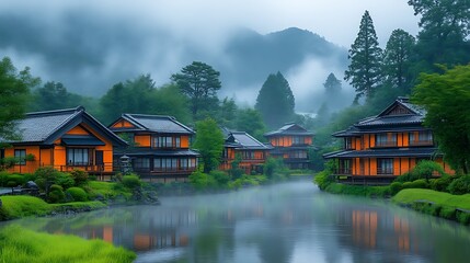 Fototapeta premium Misty Mountain Village Houses Reflecting In Calm Water