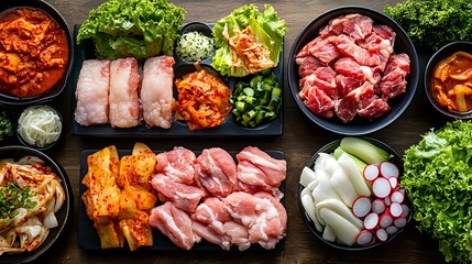 Fresh eggs and grilled meat with vegetables on a plate