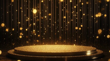A podium with gold glitter Gold background podium stage golden 3D platform light stand product. Background podium abstract gold award scene pedestal luxury display template ceremony winner