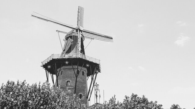 Dutch mill close-up on black and white. The dutch mill is located in Holambra, Brazil, a charming city founded by the Dutch immigrants