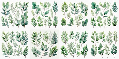 Obraz premium Watercolor floral illustration set - green leaf branches collection, for wedding stationary, greetings, wallpapers, fashion, background. Eucalyptus, olive, green leaves, etc.