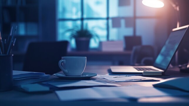 landscape image of a lonely office desk on Blue Monday, with a single cup of coffee, a laptop, and scattered papers. Blue monday. - Powered by Adobe