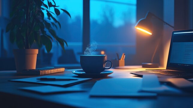 landscape image of a lonely office desk on Blue Monday, with a single cup of coffee, a laptop, and scattered papers. Blue monday.