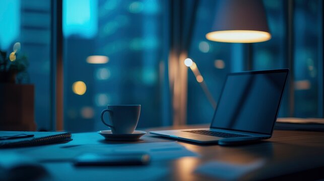 landscape image of a lonely office desk on Blue Monday, with a single cup of coffee, a laptop, and scattered papers. Blue monday.