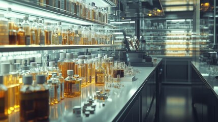 a landscape image of a pharmaceutical laboratory, with rows of glass medicine bottles, scientific equipment, and shelves filled with chemical compounds. 