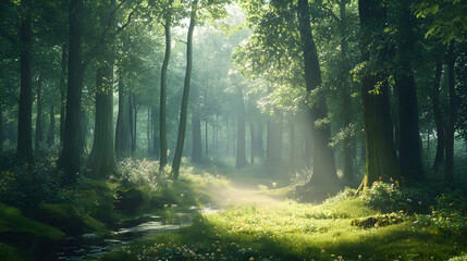 Obraz premium Enchanted Woodland Symphony: A Morning Mist Fragrance Experience Through Nature's Essence