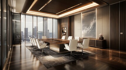 Naklejka premium Modern Luxury Boardroom with Panoramic City View