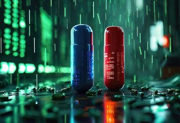 Blue and red pill in front of a futuristic background