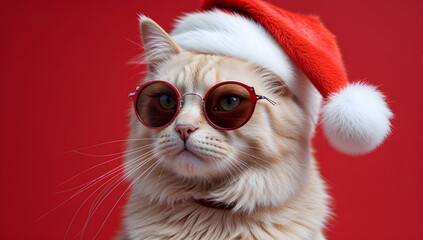Сute fluffy cat in a Christmas hat is isolated on an red background, looking into the camera. Cat Santa in a Christmas hat on an red background. Christmas concept.