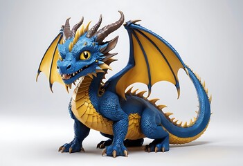 Fototapeta premium Cute Blue Dragon with Yellow Wings in Studio Setting. Generative AI
