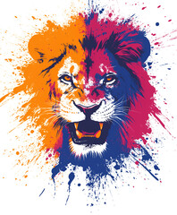 Colorful splash art of a lion face, isolated on white background