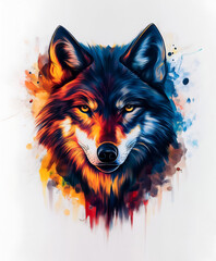 Colorful splash art of a wolf face