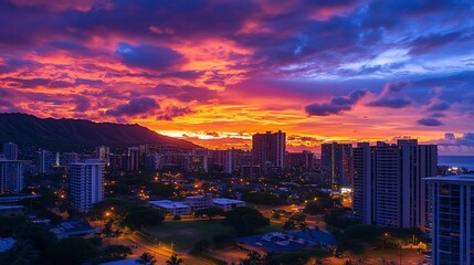 Fototapeta premium Honolulu's Vibrant Sunset Skyline: A Breathtaking Panorama of City Lights and Colorful Clouds