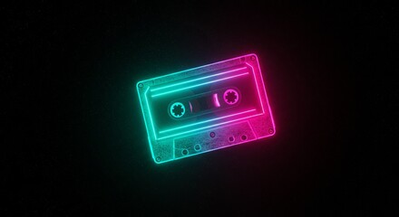Retro neon cassette tape glowing in dark background