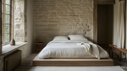 Serene Minimalist Bedroom Design with Stone Wall