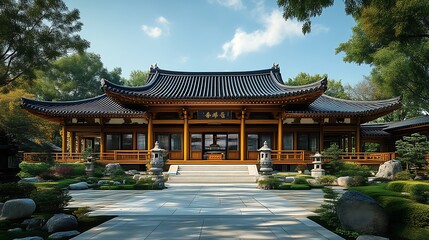 Fototapeta premium Tranquil Asian Temple Amidst Lush Green Gardens