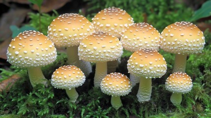 Obraz premium Cluster of Pale Yellow Mushrooms in Mossy Forest