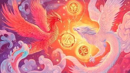 Fototapeta premium phoenix & dragon fantasy art, mythical creatures - mythical creatures