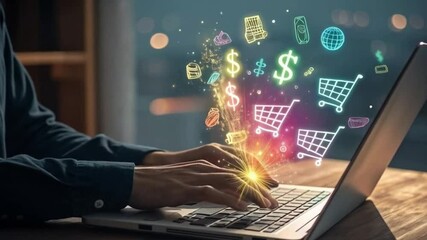 A woman engaging in online shopping on a laptop, surrounded by colorful icons floating above a shopping cart