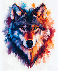 Colorful splash art of a wolf face