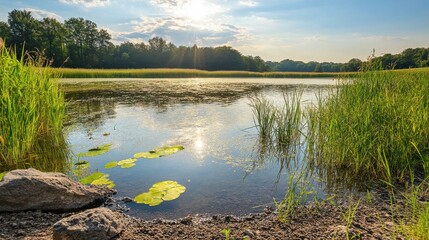 Tranquil Natural Reservoir with Soft Light Reflection