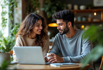 Happy couple working together on laptop at cafe.