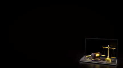 The Wood hammer and Libra on labtop for law concept 3d rendering.