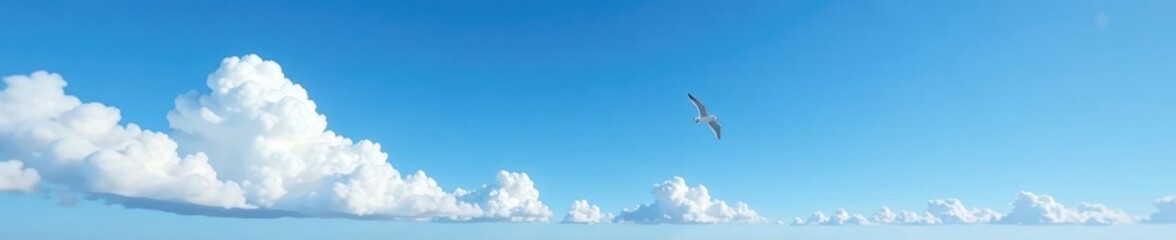 Clear blue sky with fluffy white clouds and a lone seagull flying in the distance, Bird, Gull, Serene