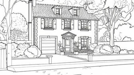 Minimalist vector line art illustration of a cozy cottage design for modern aesthetic