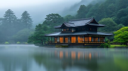 Serene Japanese Pavilion Reflecting on Misty Lake