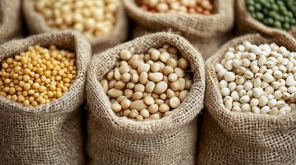 Fototapeta premium Assorted legumes in burlap sacks, a diverse collection of pulses and beans.