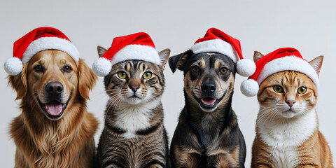 "Adorable Christmas Animals in Santa Hats: Cute Pets, Festive Holiday Decorations, Heartwarming Winter Scenes, Fluffy Kittens, Cozy Puppies, Fun Holiday Costumes, Seasonal Pet Photos, Santa-Clad Pets,
