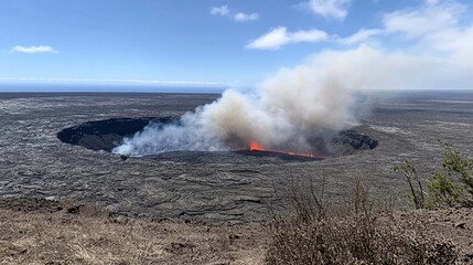 Fototapeta premium Volcanic Crater Eruption in Hawaii: A Breathtaking Aerial View of Lava and Smoke
