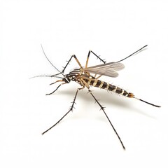 Close-Up of a Detailed Mosquito with Striped Body and Long Legs, Captured Against a White Background, Showcasing Its Unique Features and Intricate Design