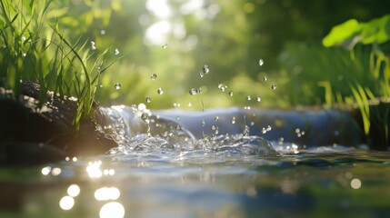 Fototapeta premium Water Stream with Natural Background and Droplets